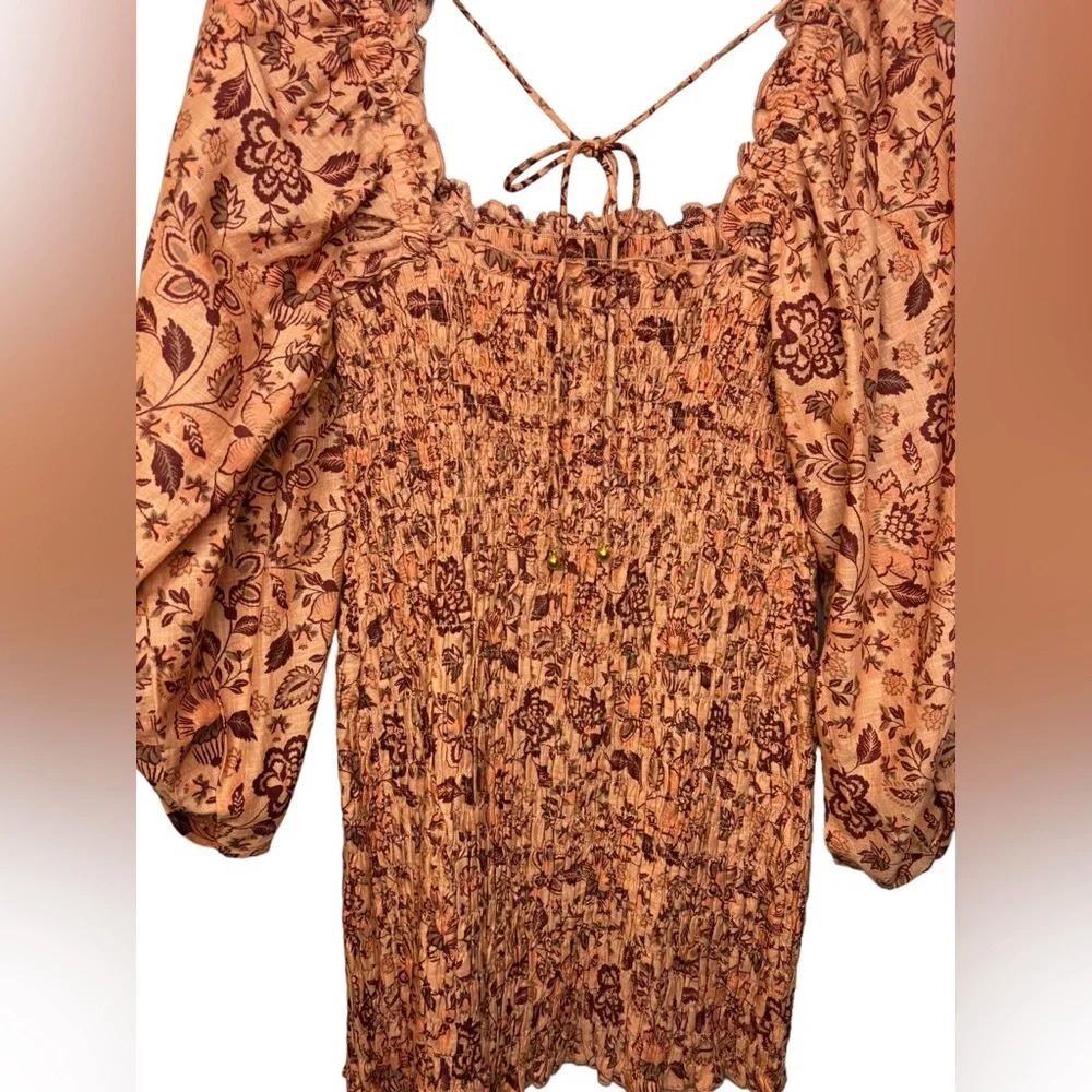 NWT Free People Smock It To Me Puff Sleeve Smocked Body Mini Dress Apricot Large - Picture 4 of 10